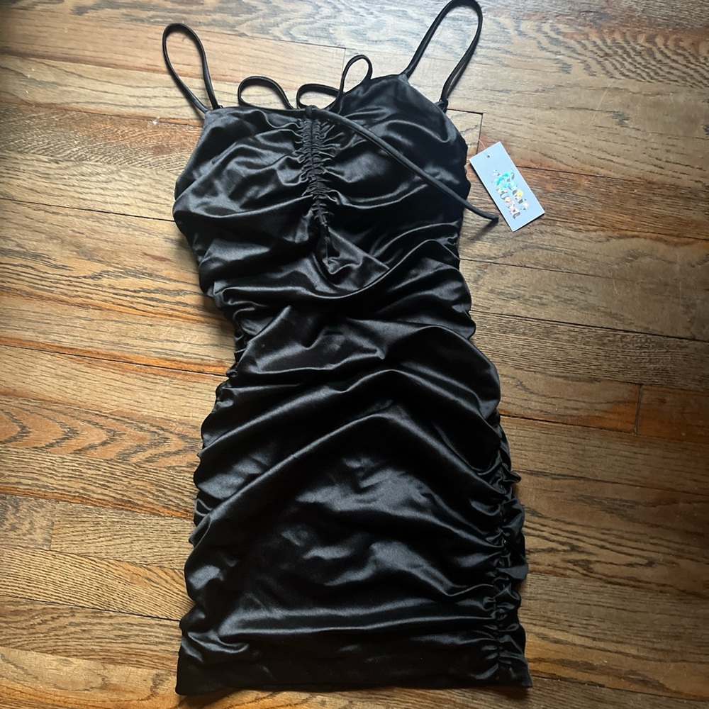 Dear Moon Black Ruched Satin Dress